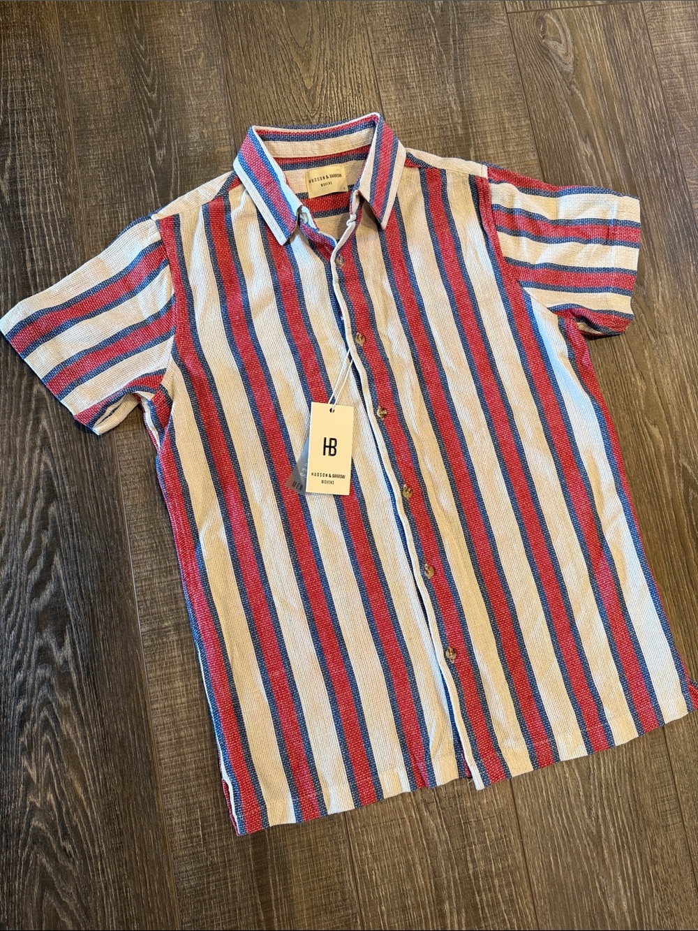 HB Short-Sleeve Striped Button-Down Shirt in Red, Blue & Cream